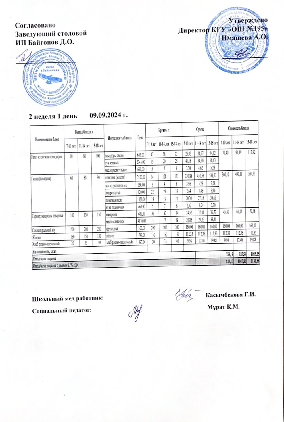 еженедельное меню 2  апта / 2 аптаның ас мәзірі