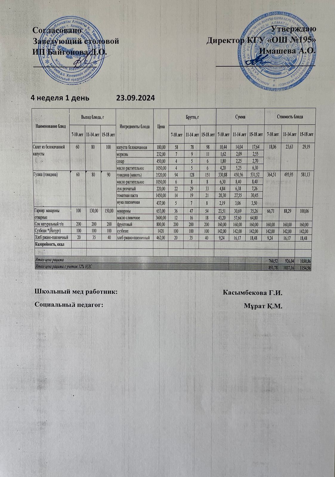 еженедельное меню 4 апта / 4 аптаның ас мәзірі
