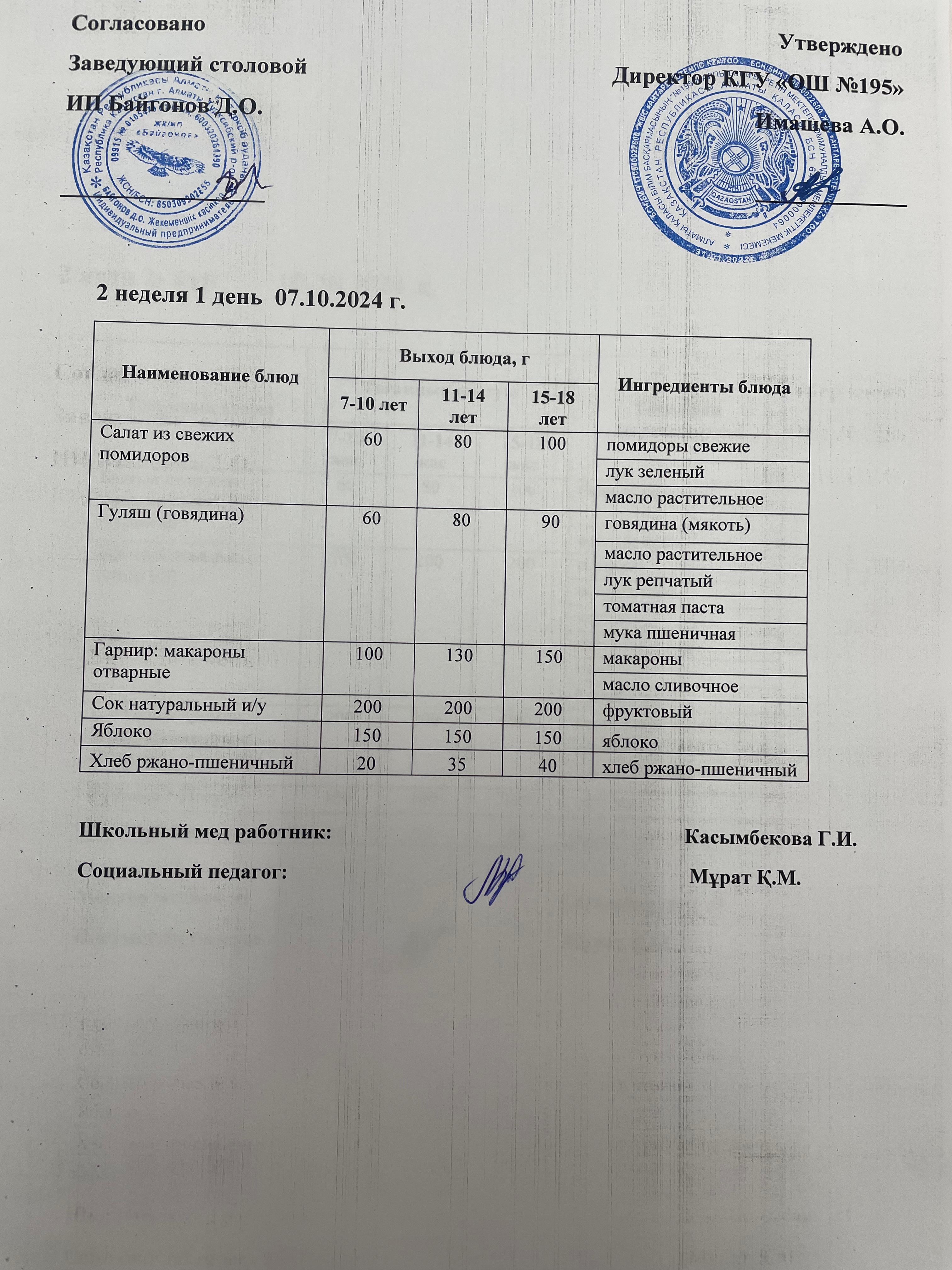 еженедельное меню 2 неделя / 2 аптаның ас мәзірі