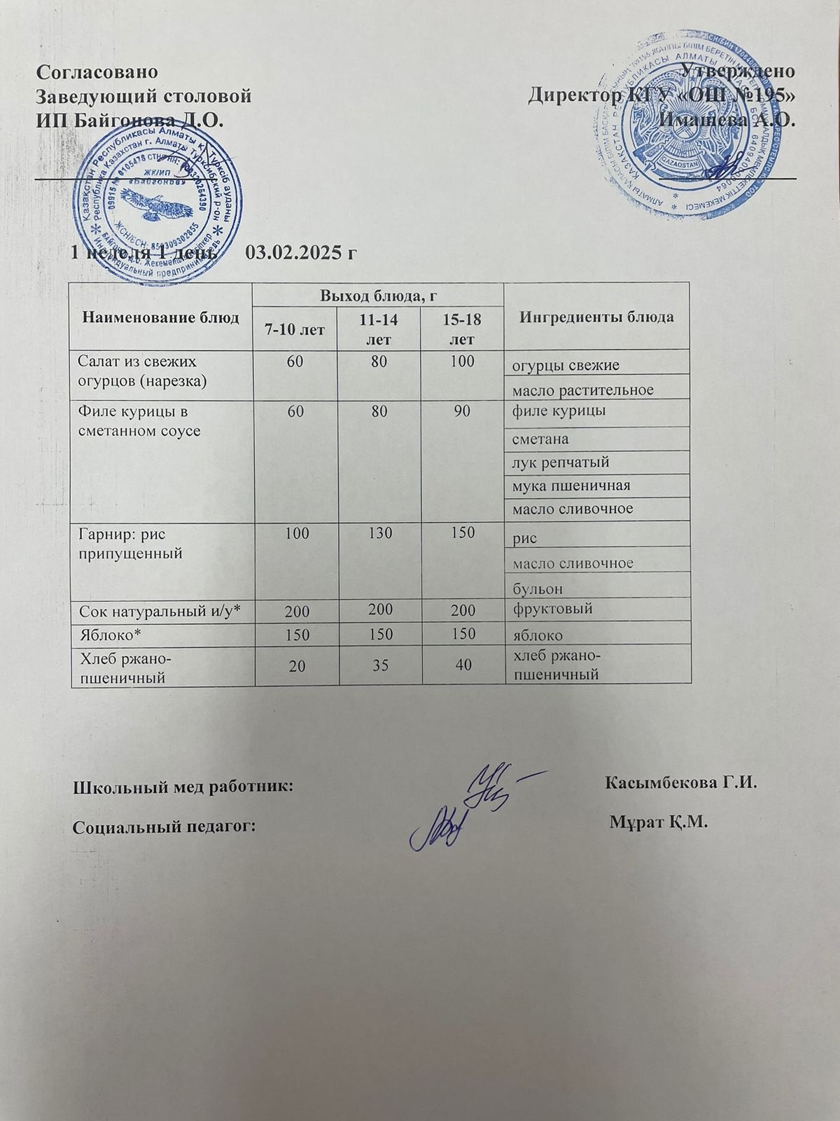 еженедельное меню 1 неделя / 1 аптаның ас мәзірі