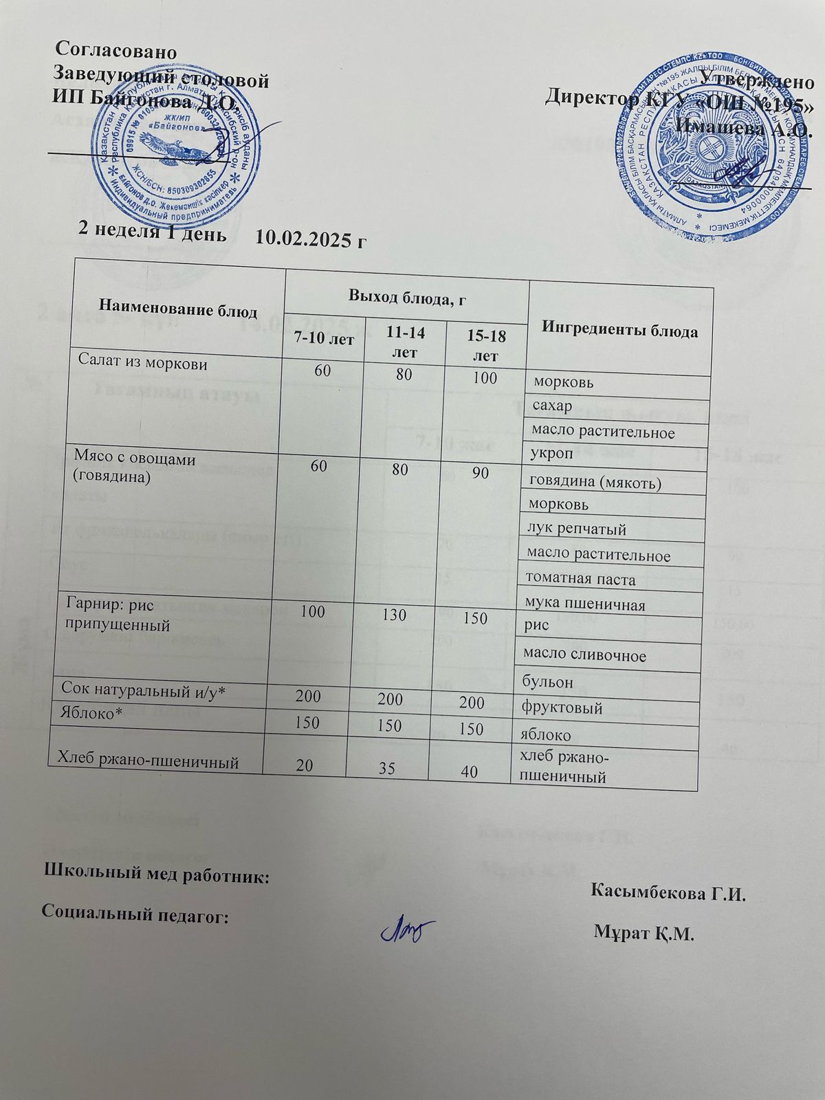 еженедельное меню 2 неделя / 2 аптаның ас мәзірі